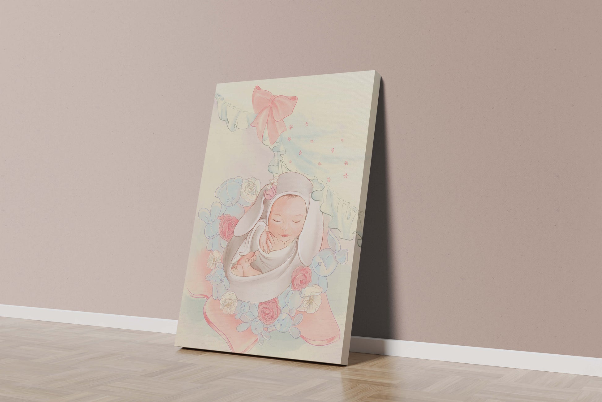 Sweet sleeping baby surrounded by soft pastel decorations