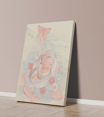 Sweet sleeping baby surrounded by soft pastel decorations