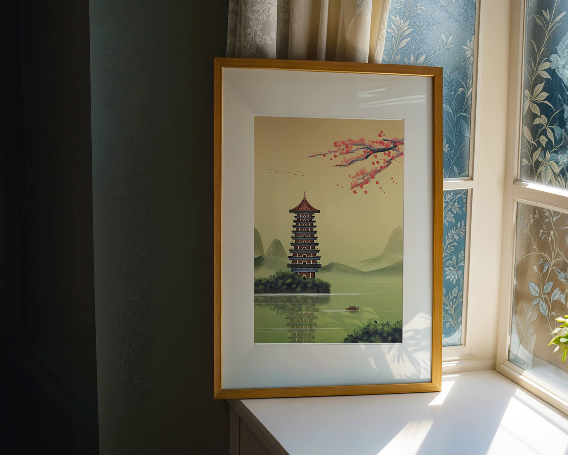 Serene landscape with traditional pagoda and blooming cherry blossoms