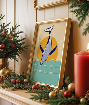 Ilustración de una ballena saltando sobre las olas con un fondo de sol