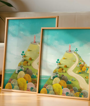 Charming lighthouse illustration on a scenic hilltop