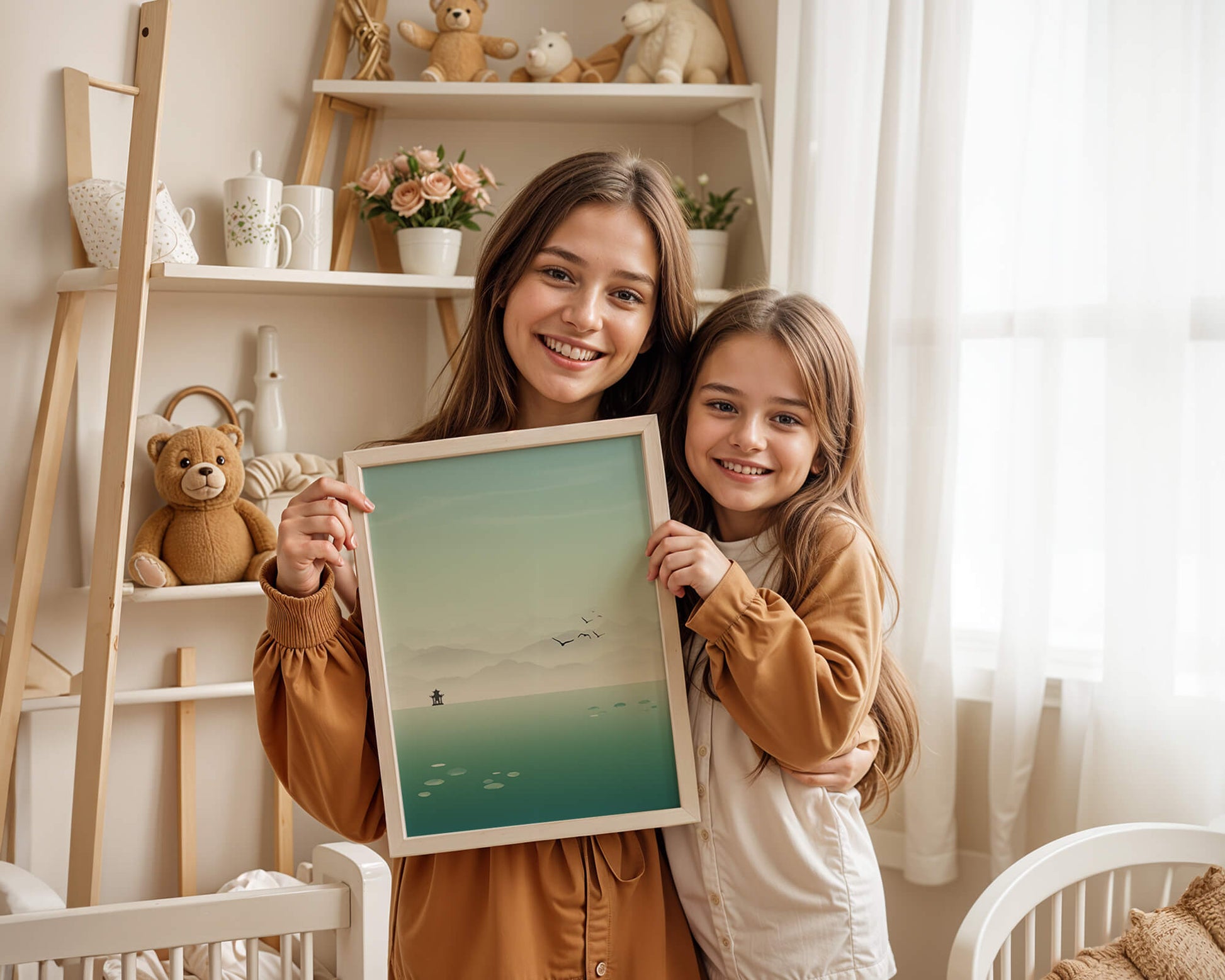Serene landscape with pagoda and birds over a misty lake
