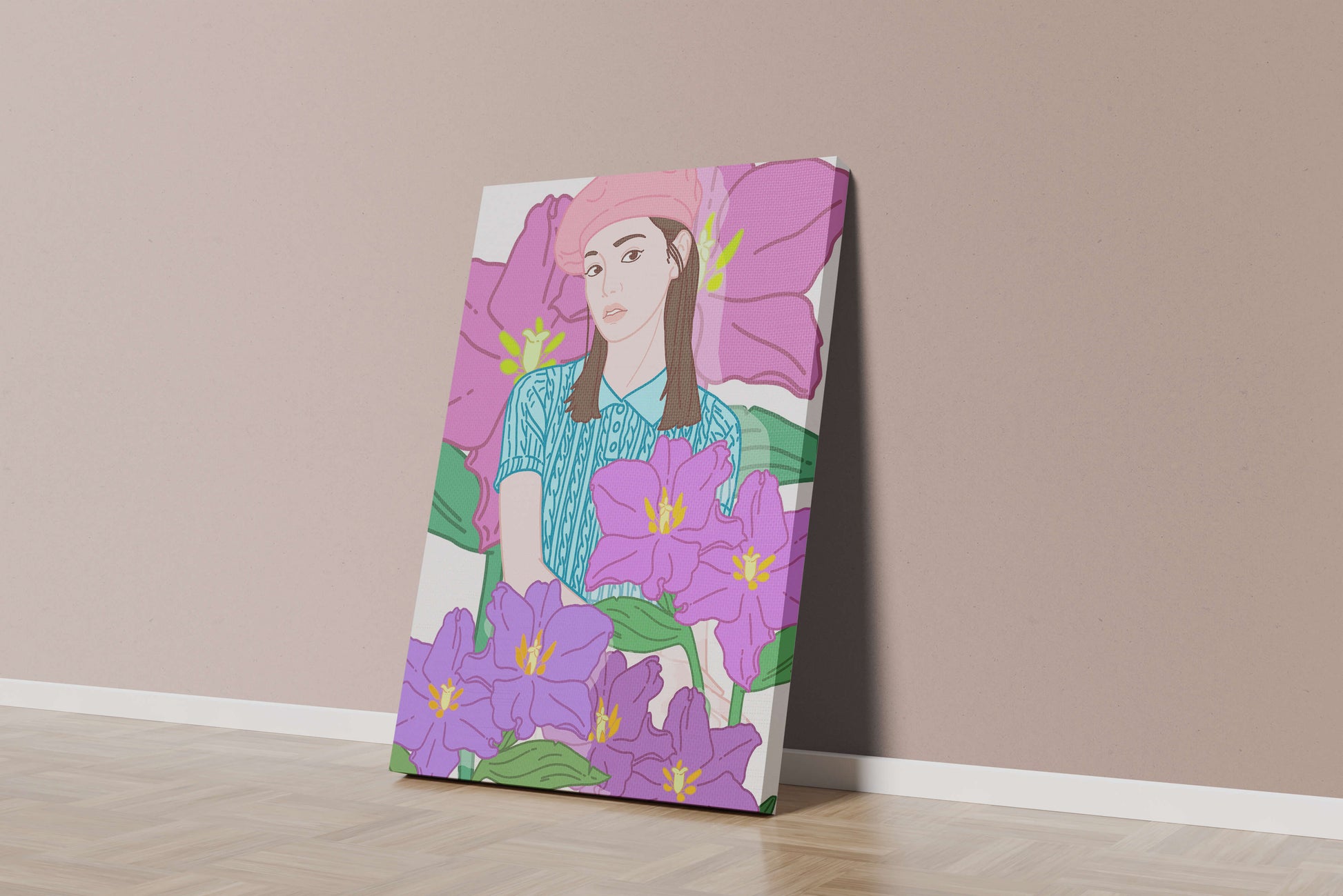 Ilustración de una joven con boina rosa y flores moradas