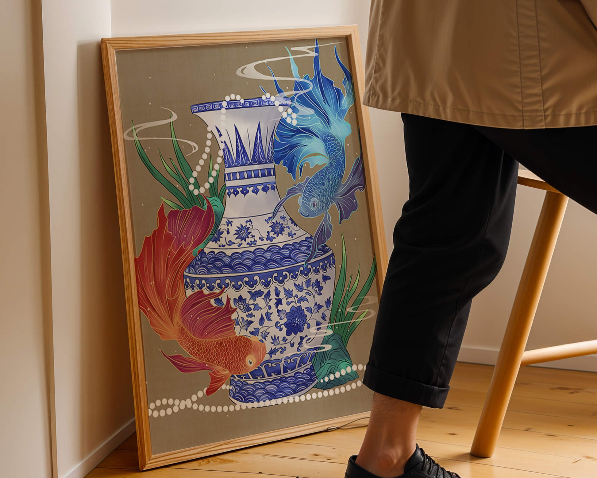 Elegant ceramic vase with vibrant fish and floral design