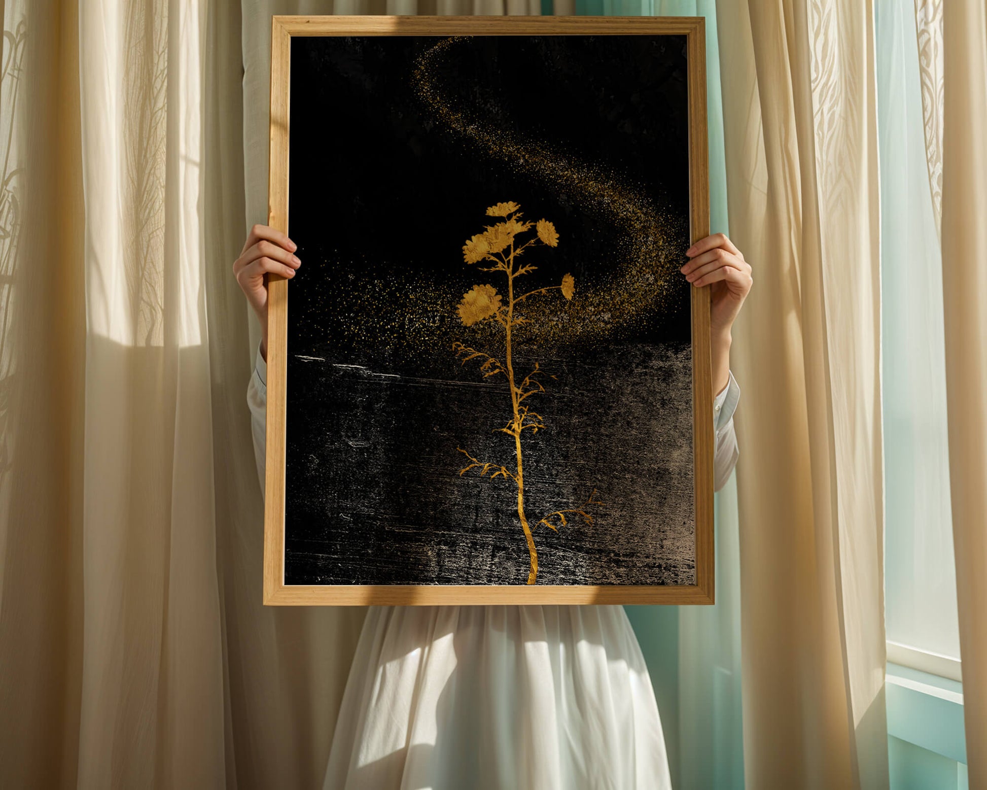 Golden Flowers on Black Background with Sparkling Dust