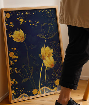 Elegant floral artwork with golden accents on deep blue background