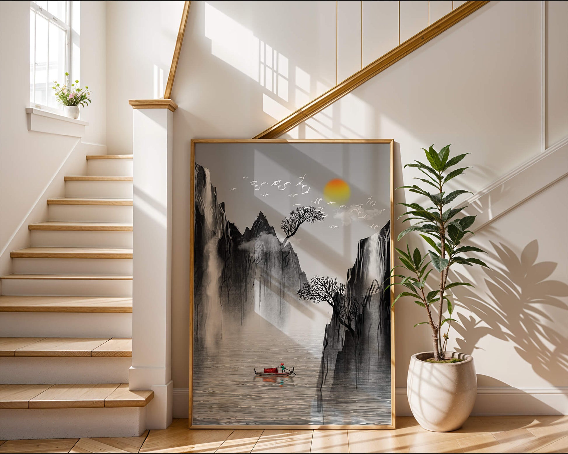 Serene landscape with mountains, river, and a boat under the sun