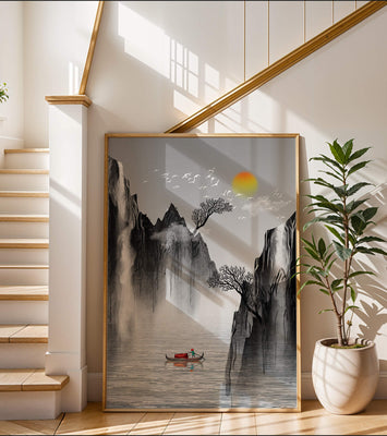 Serene landscape with mountains, river, and a boat under the sun