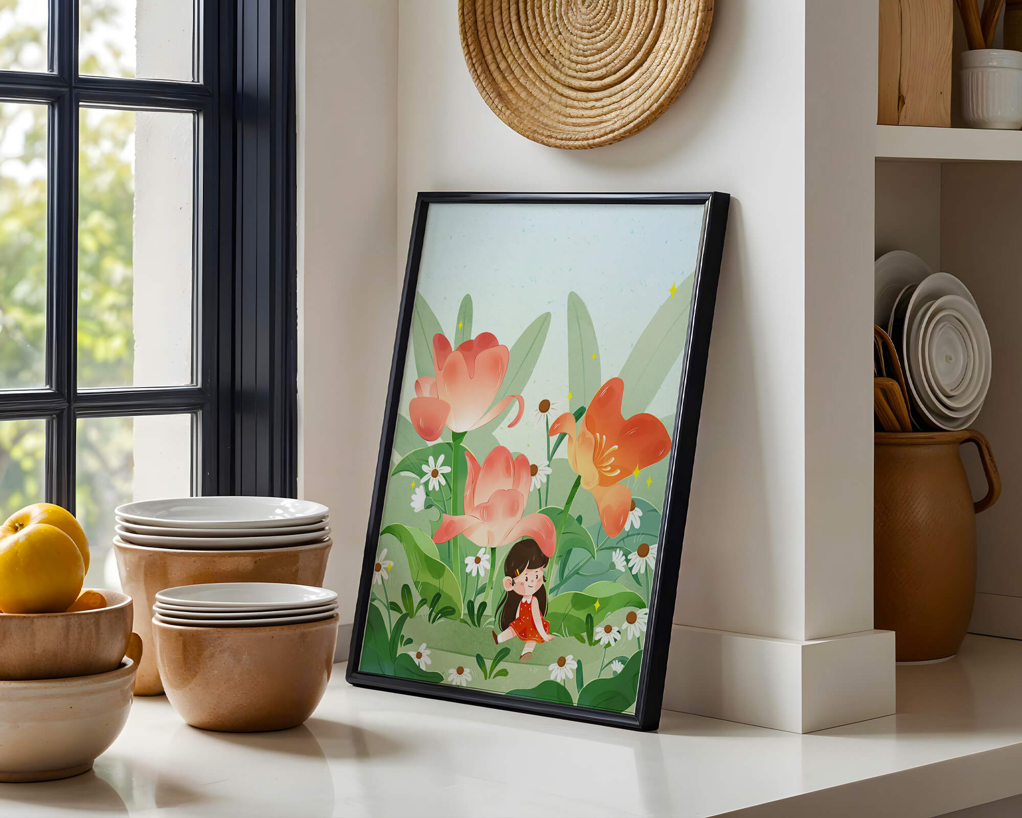 Charming floral garden with whimsical child illustration