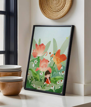 Encantador jardín floral con ilustración de niño caprichoso