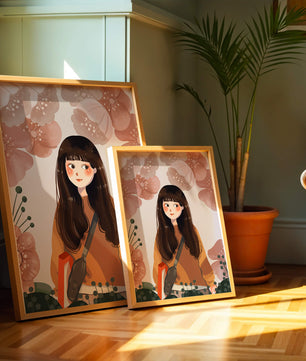 Ilustración de una niña con flores en tonos pasteles suaves