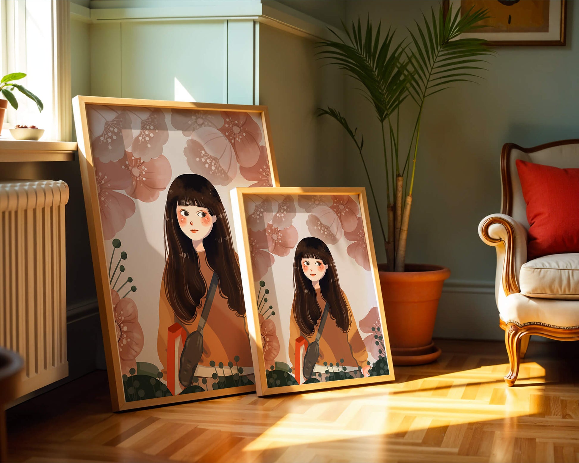 Illustration of girl with flowers in soft pastel hues