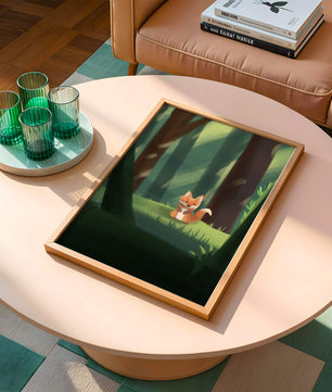 Charmante Illustration eines niedlichen Fuchses in einer ruhigen Waldlandschaft