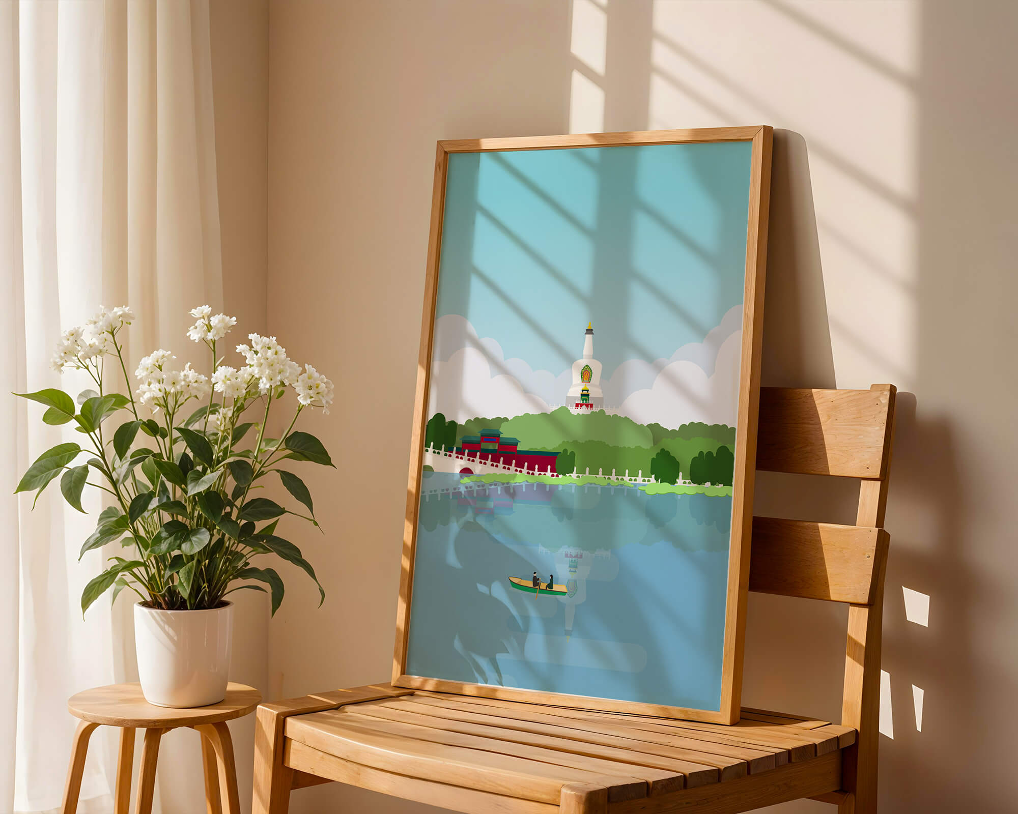 Serene lake scene with pagoda and rowing boat