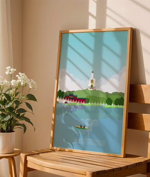 Escena de lago sereno con pagoda y bote de remos