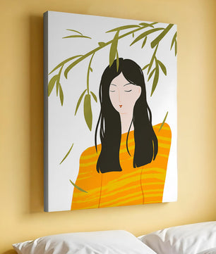 Illustration d'une femme en pull orange avec un fond de feuillage