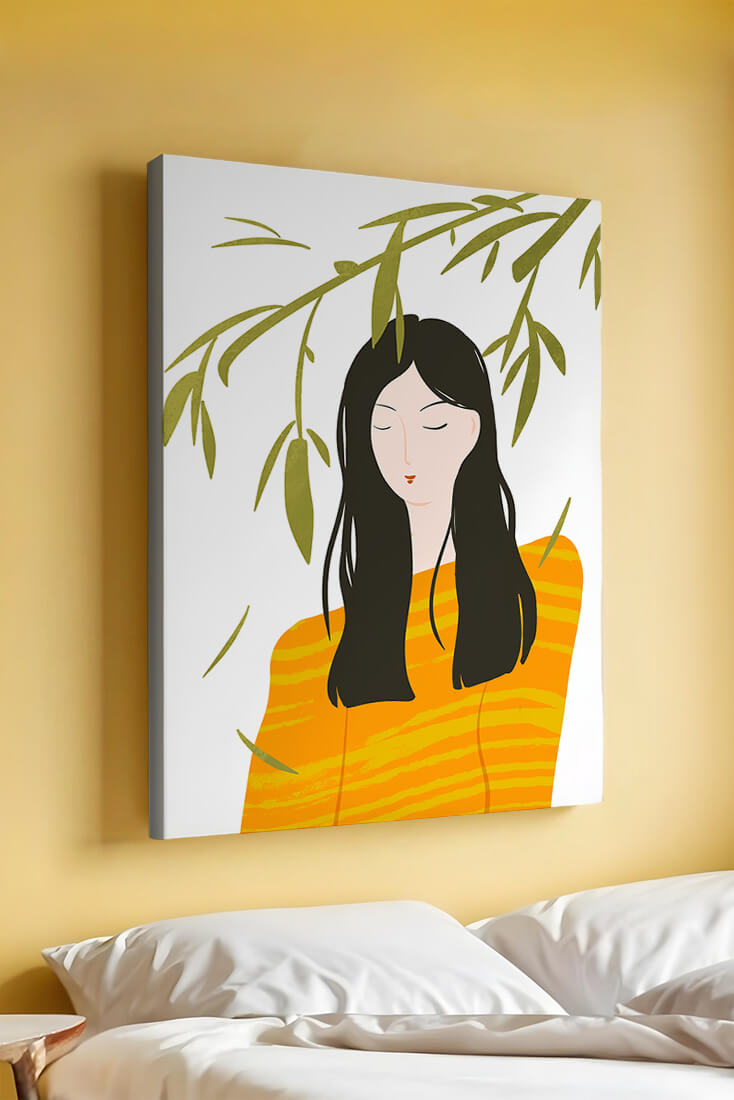 Woman in orange sweater with foliage backdrop illustration