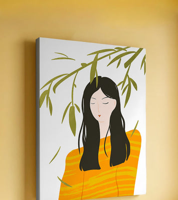 Woman in orange sweater with foliage backdrop illustration