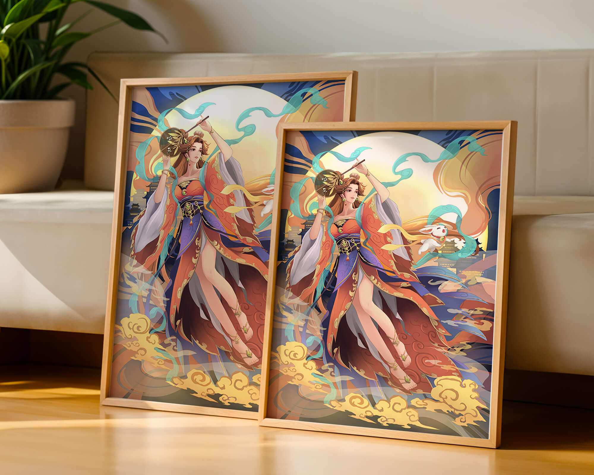 Elegant goddess with flowing robes against a mystical backdrop