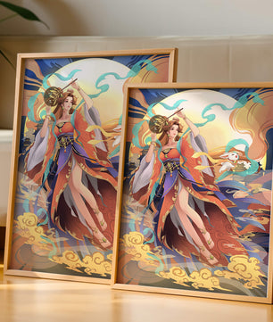 Elegant goddess with flowing robes against a mystical backdrop