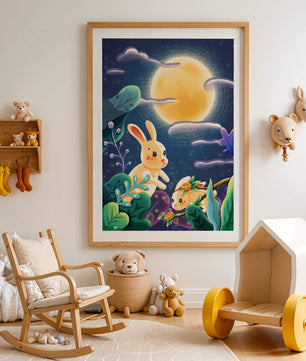Charming illustration of rabbits under a full moon in a vibrant night garden