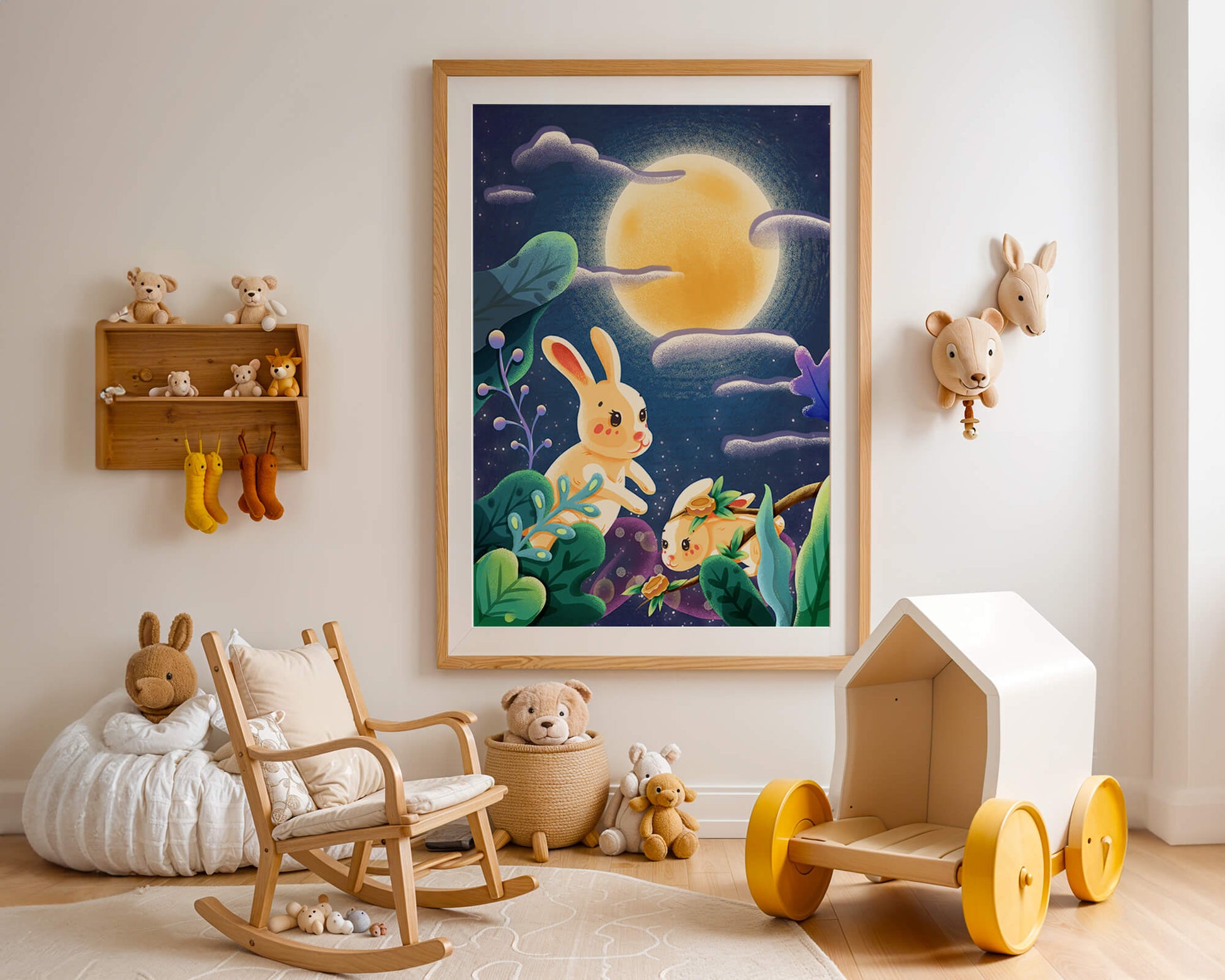 Charming illustration of rabbits under a full moon in a vibrant night garden