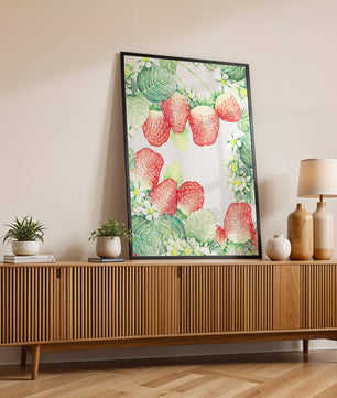 Ilustración de fresas y flores con hojas verdes exuberantes