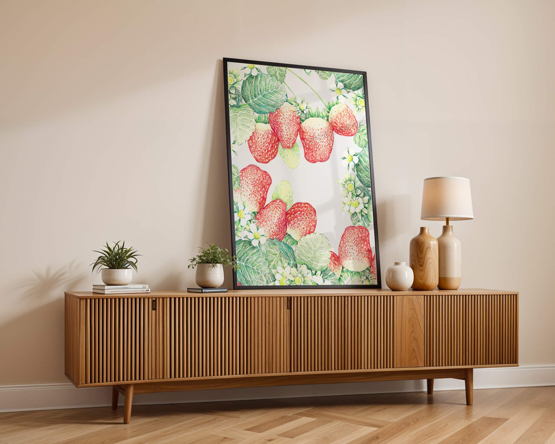 Illustration of strawberries and flowers with lush green leaves