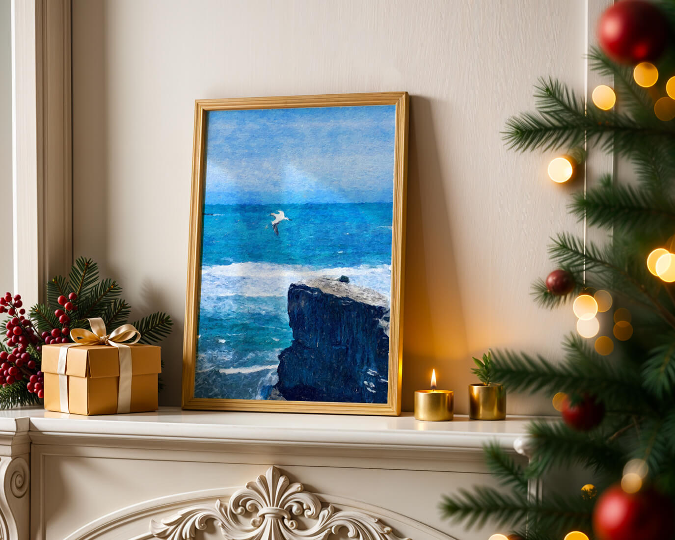 Seascape with soaring seagull over rocky cliff and ocean waves