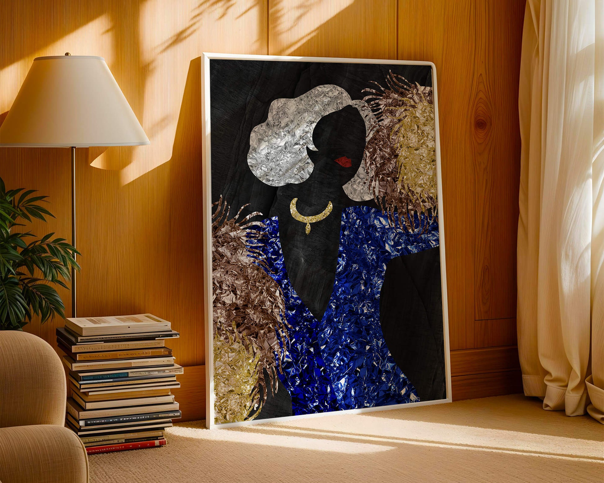 Abstract art with colorful foil textures and silhouette
