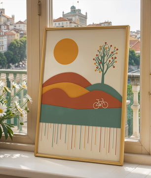 Abstract landscape with bicycle and tree in vibrant colors