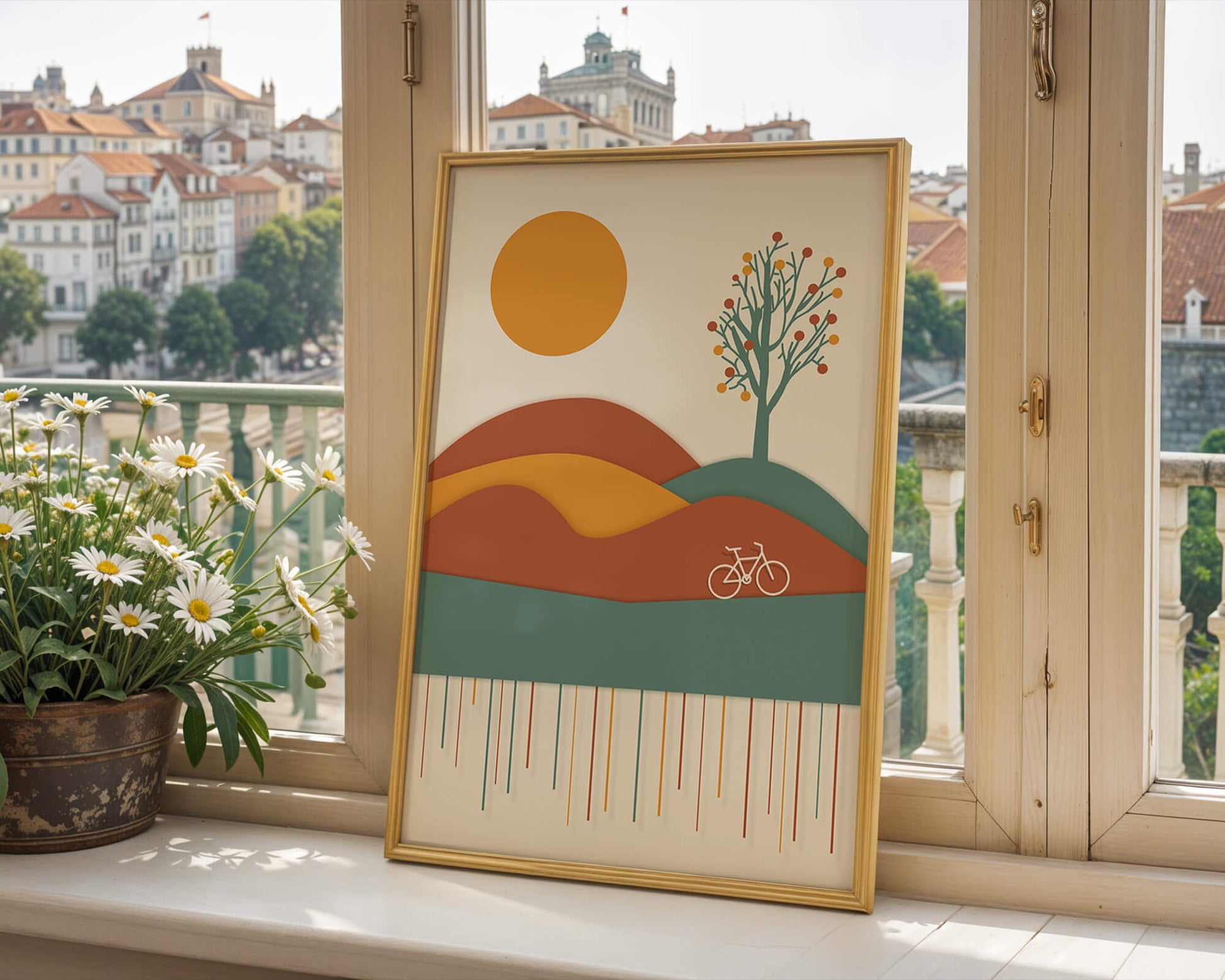 Abstract landscape with bicycle and tree in vibrant colors