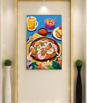 Escena ilustrativa de desayuno colorida con pasta y bebidas