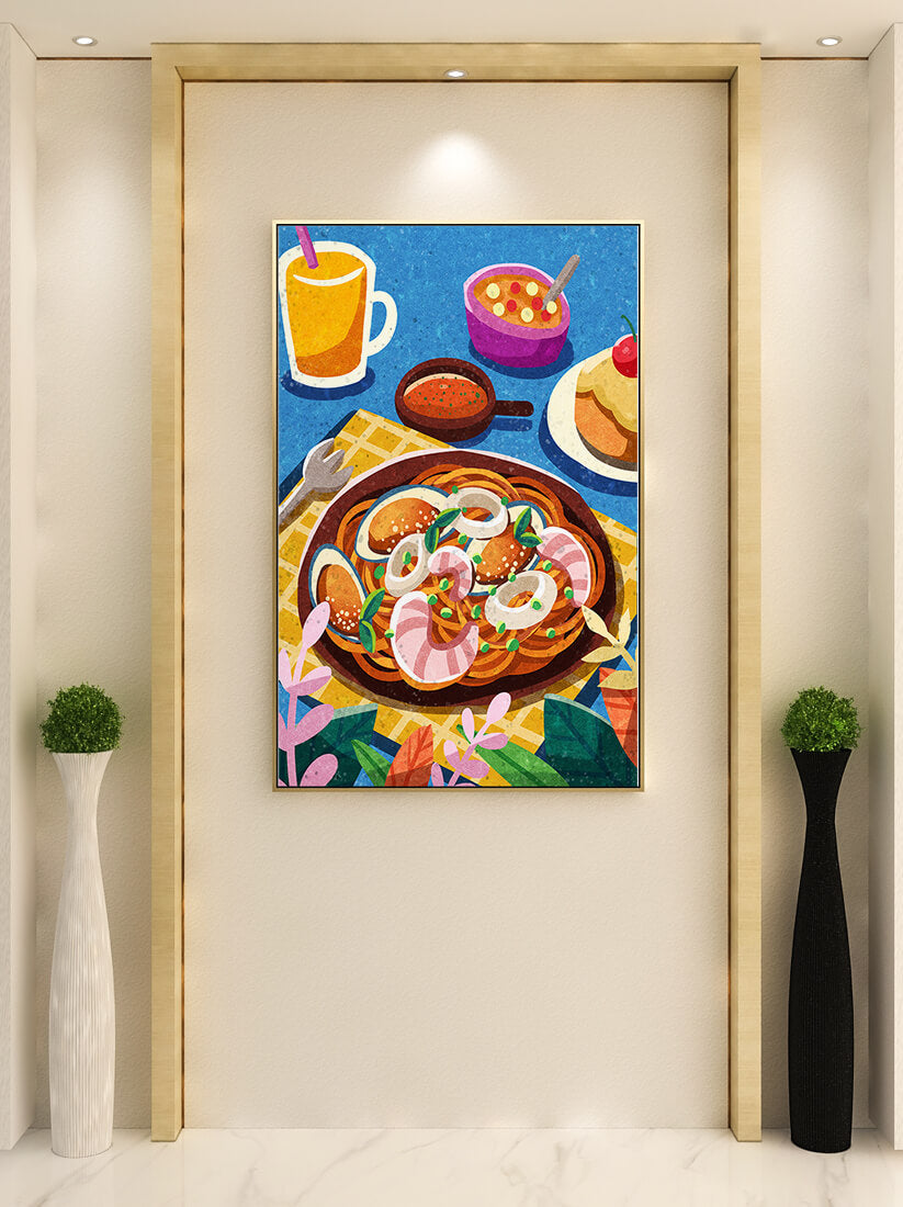 Colorful Illustrative Breakfast Scene with Pasta and Drinks