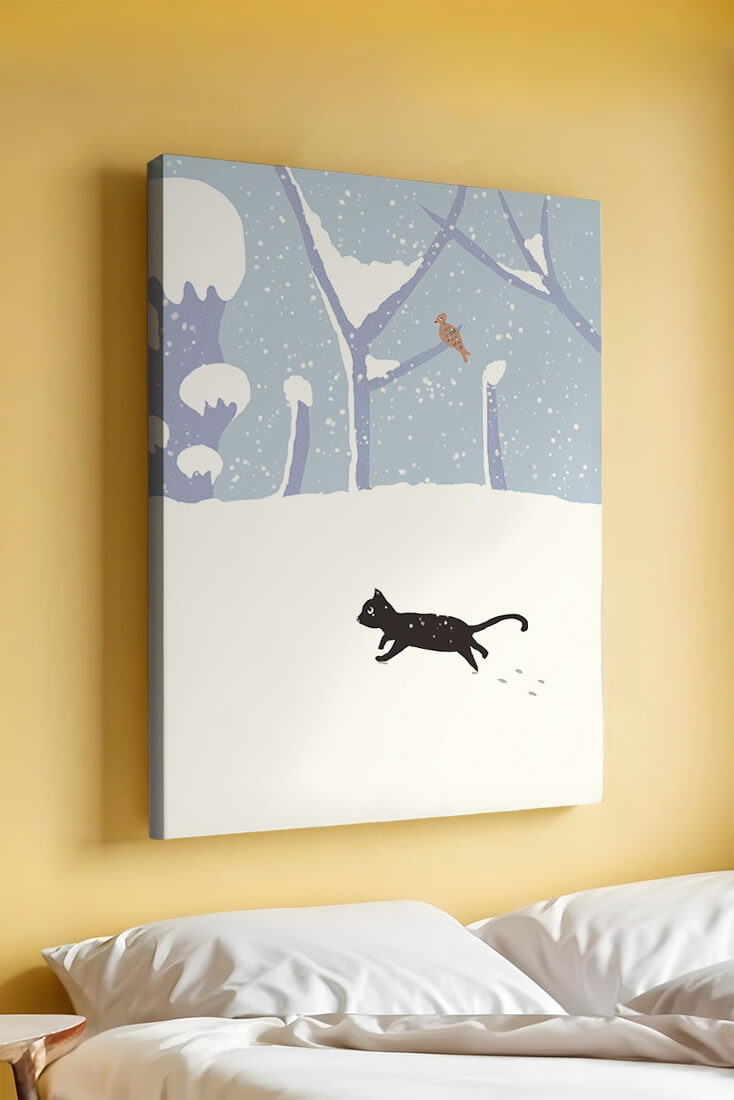 Illustrated snowy landscape with playful black cat and bird in winter scenery
