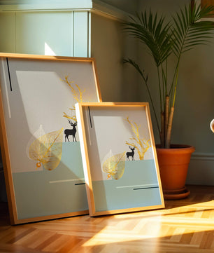 Abstract Deer with Golden Elements and Leaves on Minimalist Background