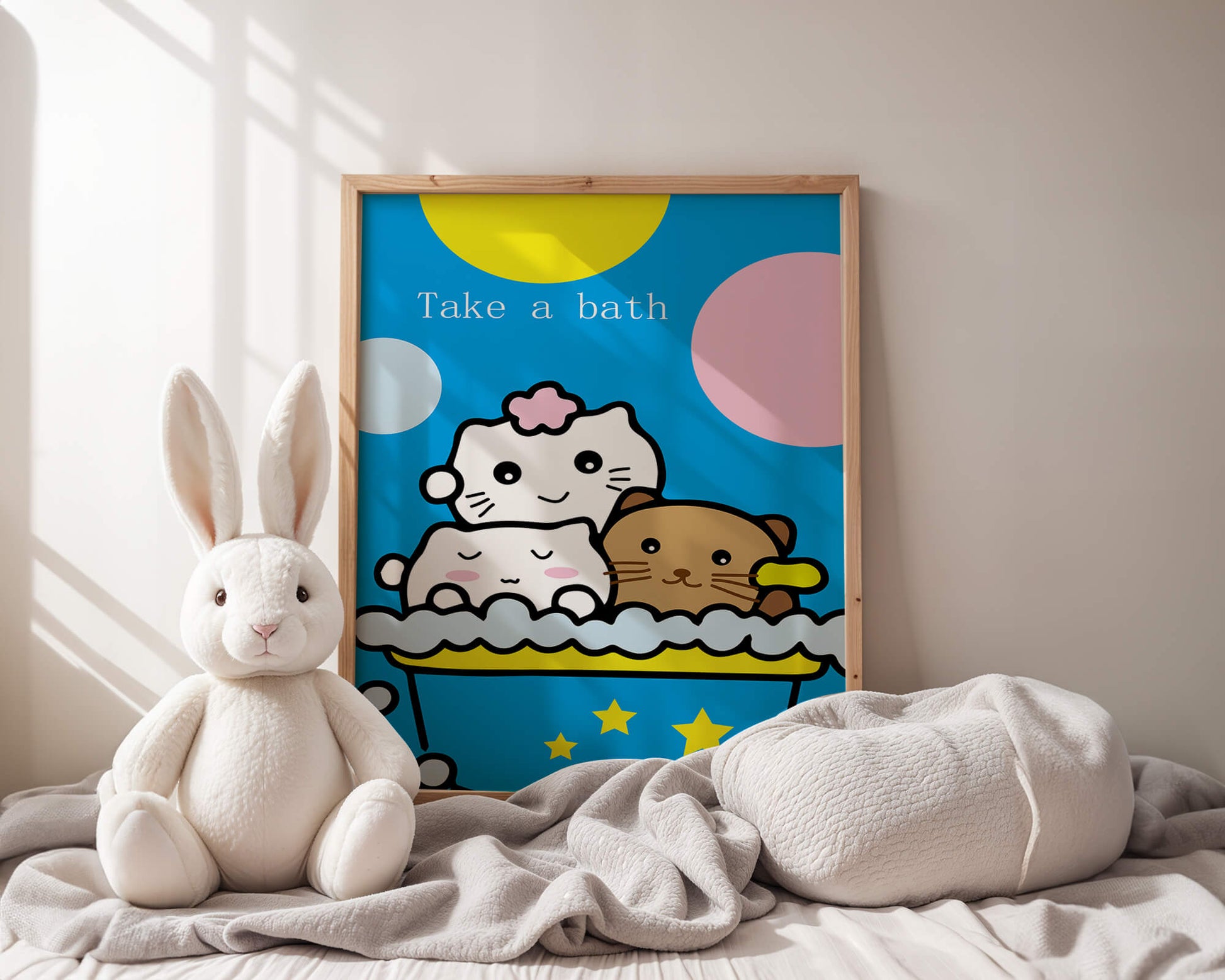 Adorable cartoon characters in a bubble bath with vibrant background