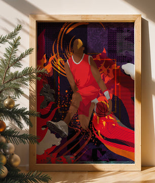 Ilustración dinámica de un jugador de baloncesto en movimiento con patrones abstractos