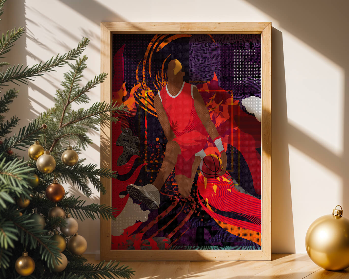 Dynamic illustration of a basketball player in motion with abstract patterns