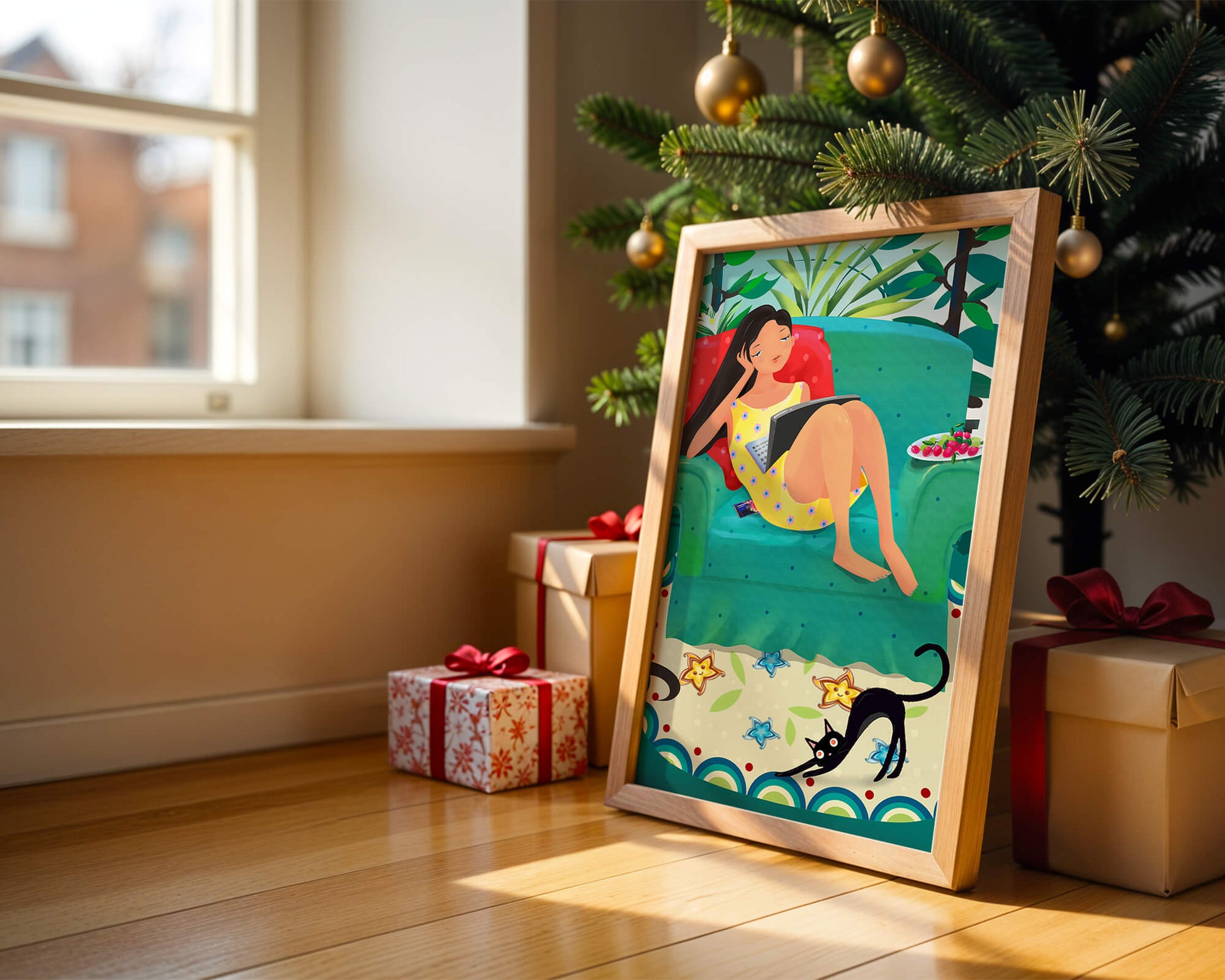 Young Woman Relaxing on Couch with Cat and Fruits in Vibrant Living Room