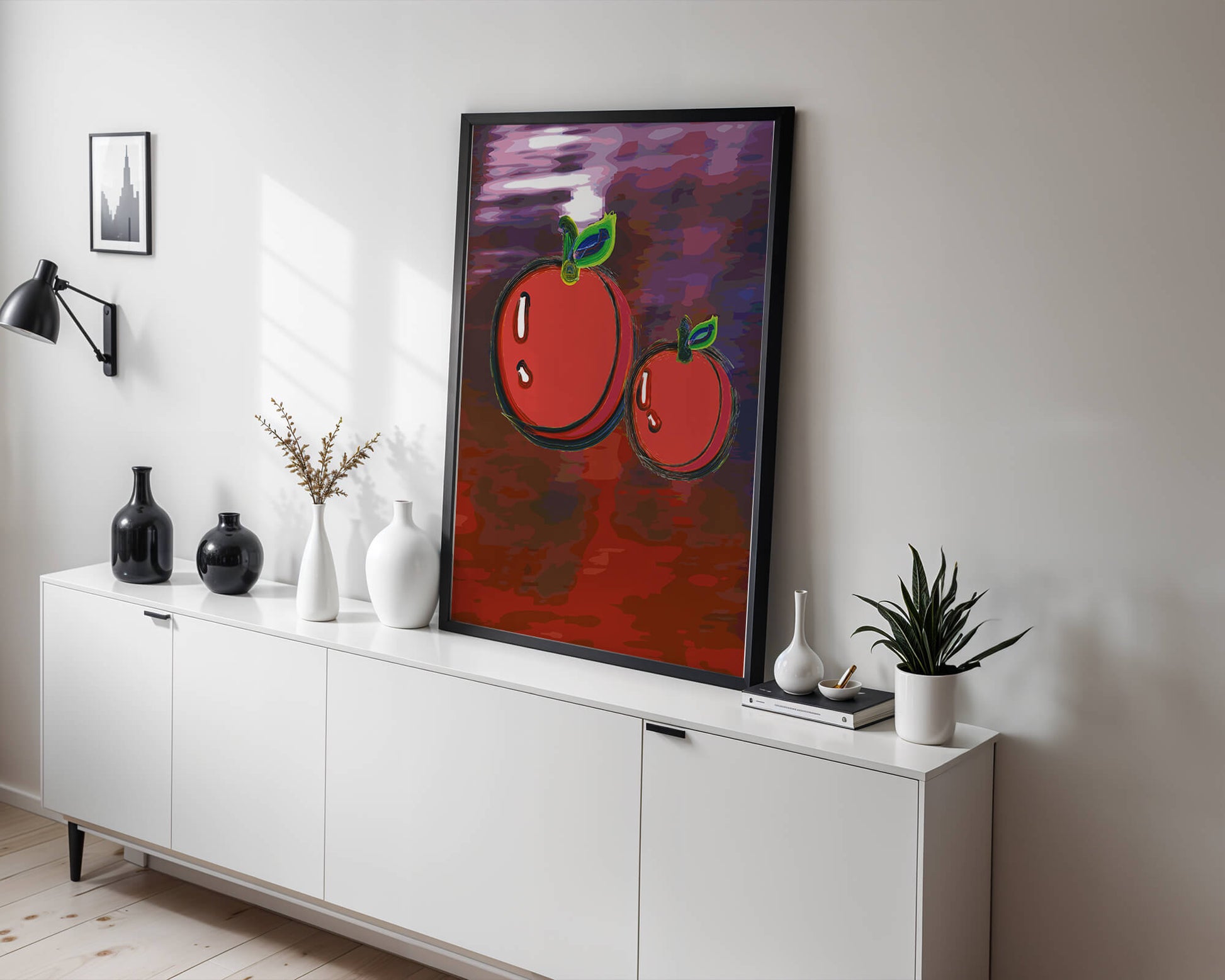 Dos manzanas abstractas con fondo colorido