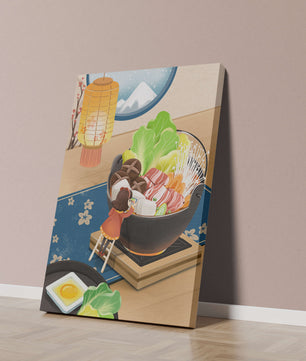 Illustration eines gemütlichen Winteressens mit Hot Pot und Zutaten