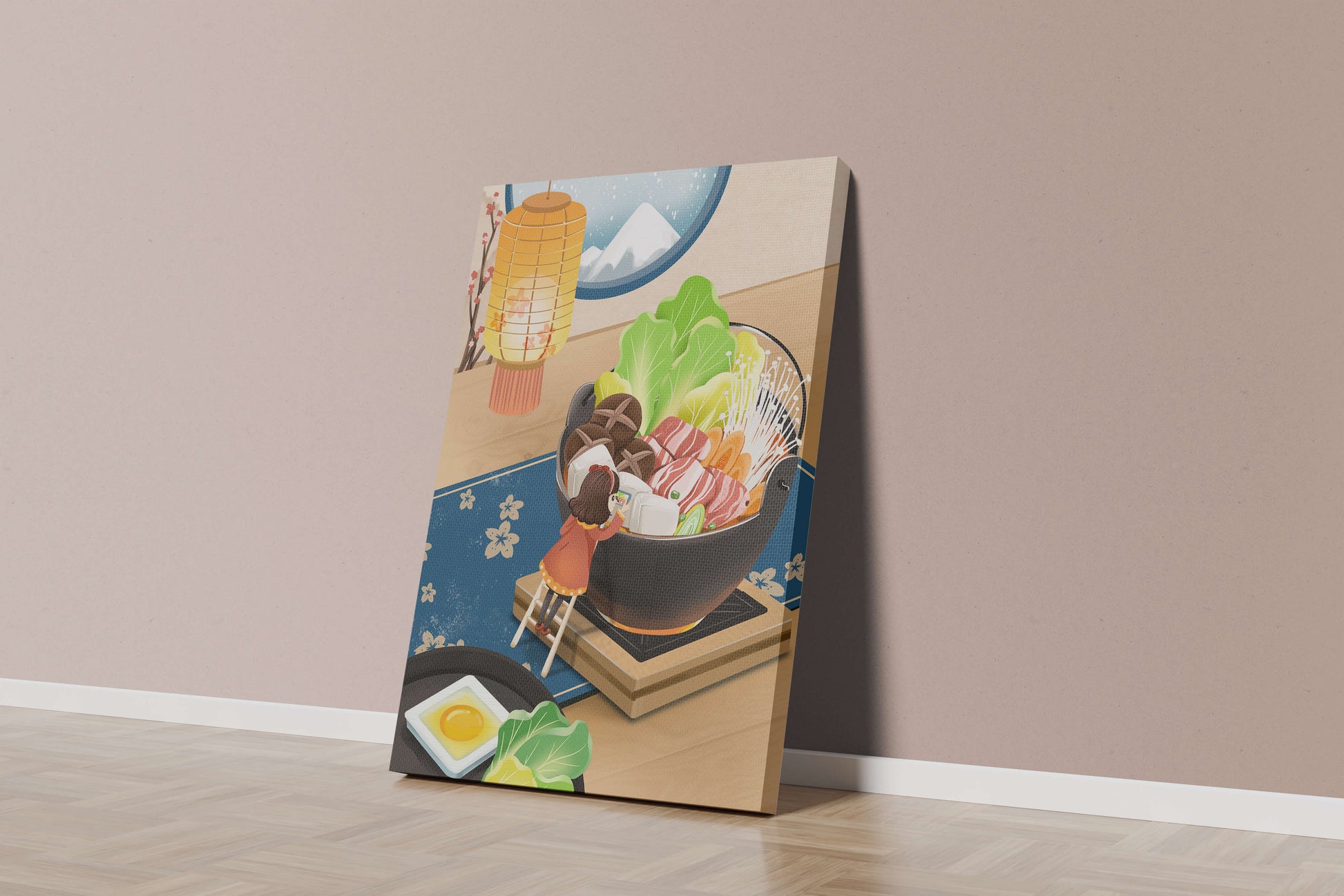 Illustration eines gemütlichen Winteressens mit Hot Pot und Zutaten