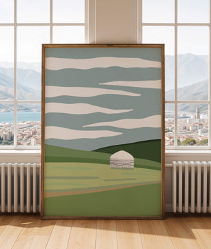 Paisaje escénico con yurta en campos verdes serenos