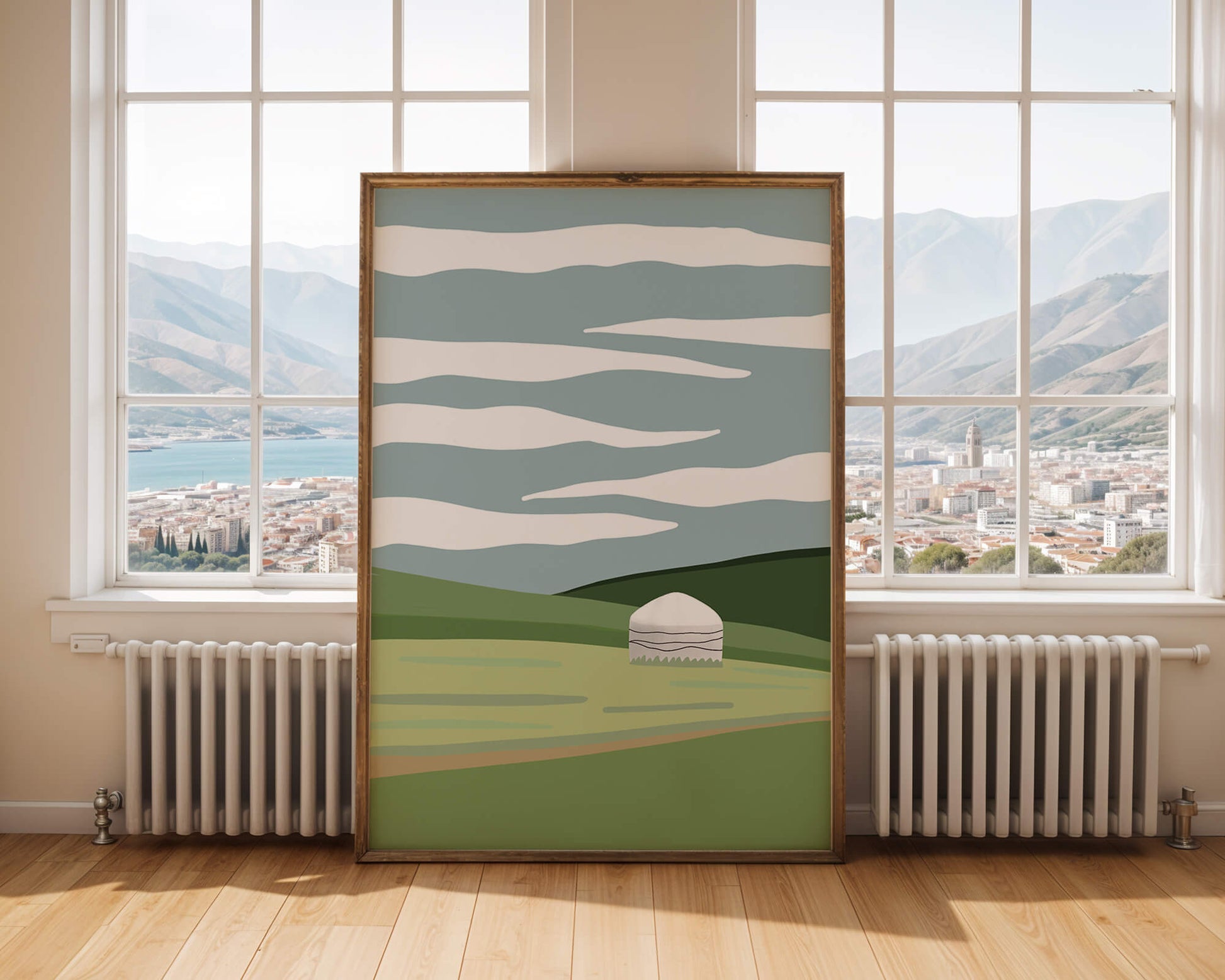 Paisaje escénico con yurta en campos verdes serenos