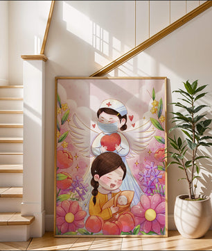 Escena ilustrada de un ángel de la salud con un niño y flores