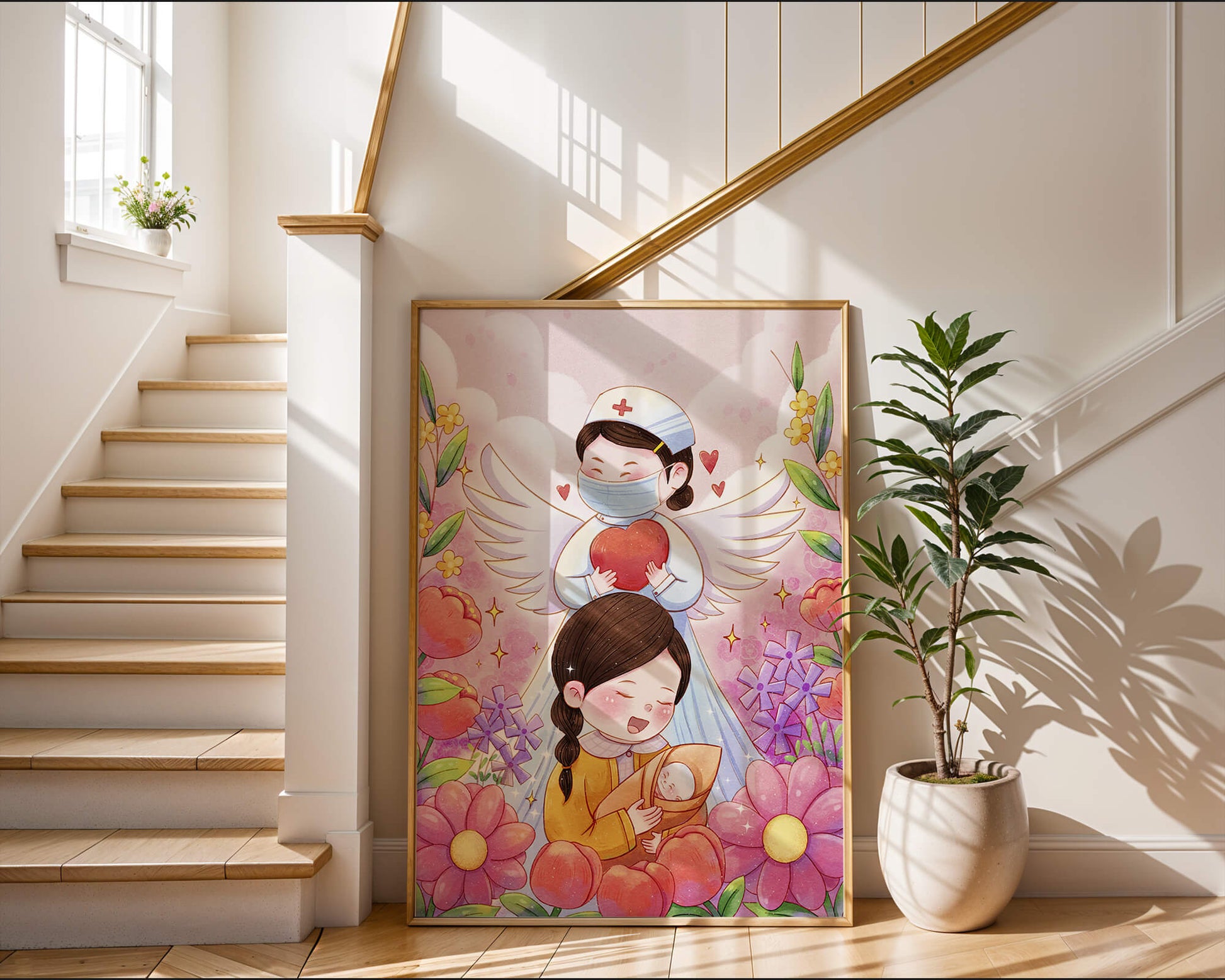 Illustrated scene of healthcare angel with child and flowers