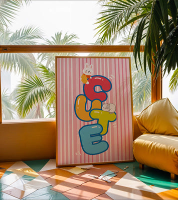 Playful cute illustration with bunny and kitten on colorful letters