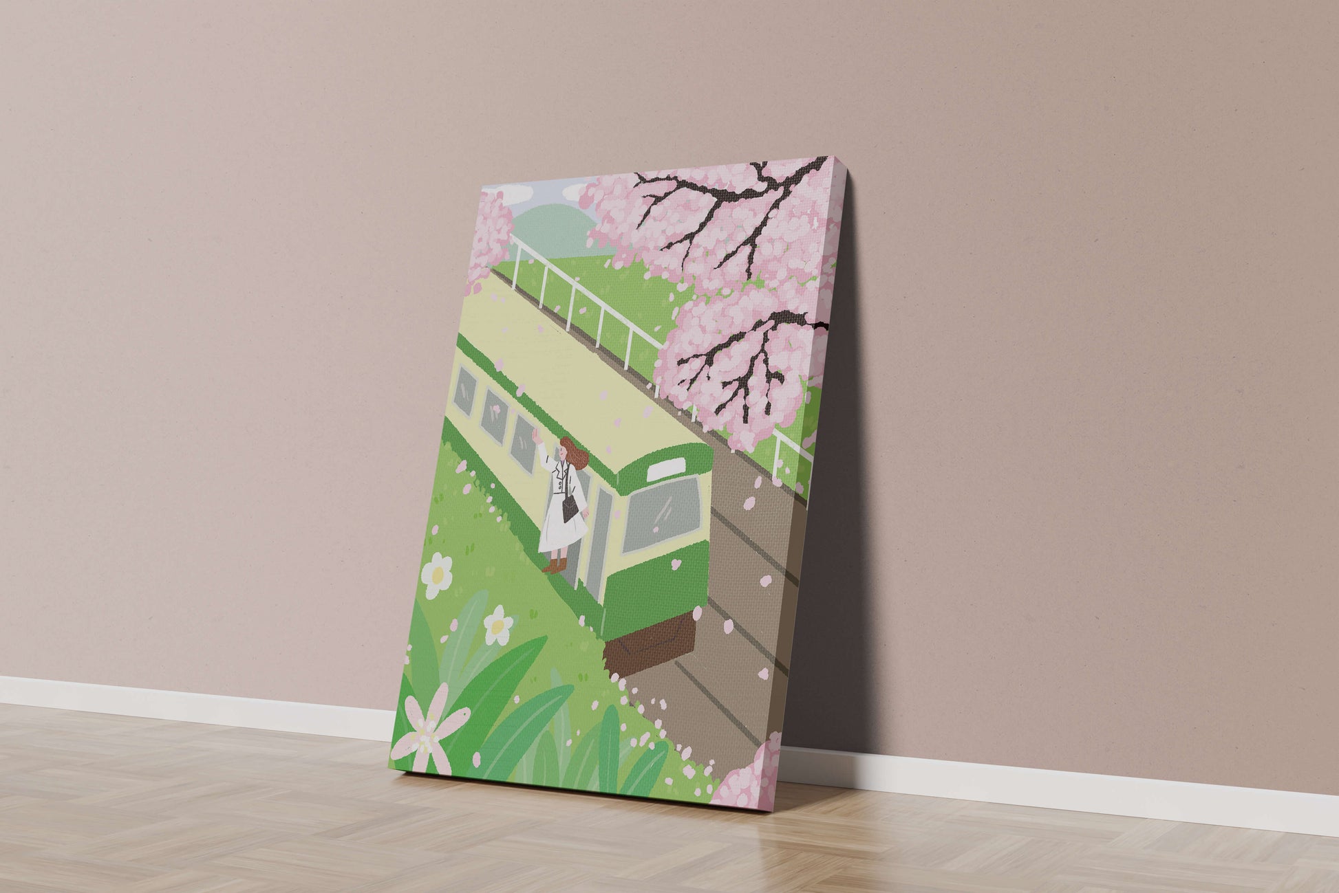 Cherry Blossoms and Train Scene in Spring Landscape