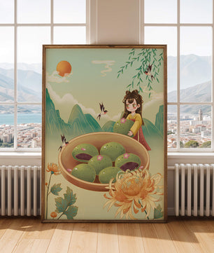 Charming Scene with Traditional Dress and Scenic Landscape Featuring Floral Elements and Birds
